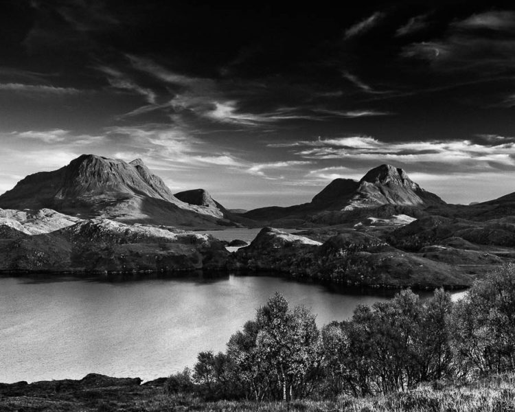 Moonrise over Cul Beag and Cul Mor, Assynt. Loch Buine mor and Boat Bay, Sutherland, Scottish highlands