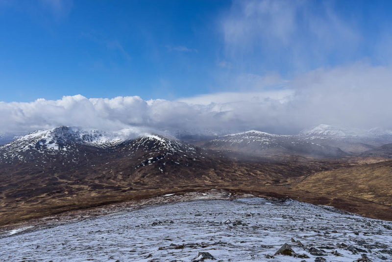 Leum Uilleim, left of centre, taken from the slopes of nearby Munro Beinn na Lap. The witch’s spring is behind, on its right flank.