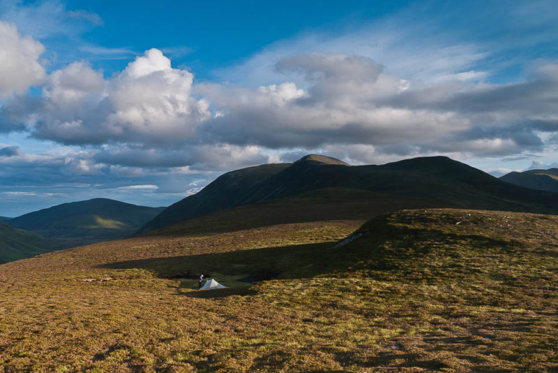 The calm before the storm: a stony camp north of Beinn a’ Ghlo, ahead of a day where the Cailleach was definitely in charge of the weather!