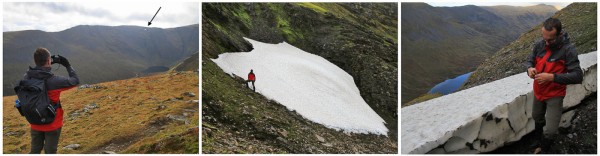 Iain Cameron looking for, finding and measuring the last remaining snow patch on Creag Meagaidh