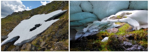 This is the view of a patch on Ben Alder from above and below.  As the snow compacts, the blue colours start to show.