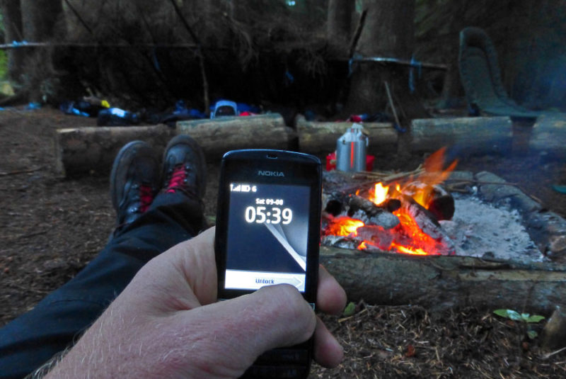 Checking the time on Overnight Survival Skills last year, as a dozen kids doze in their self-made shelter.  Outdoor activities still appeal to kids of an older age.  