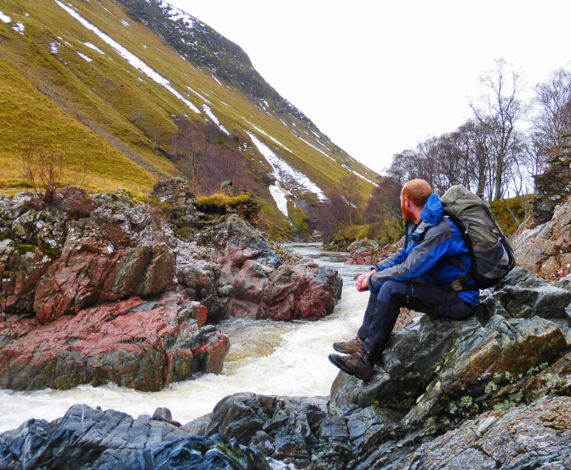 Contemplating life, the universe and everything rocky at Dail-an-eas in Glen Tilt.  A truly historic location.